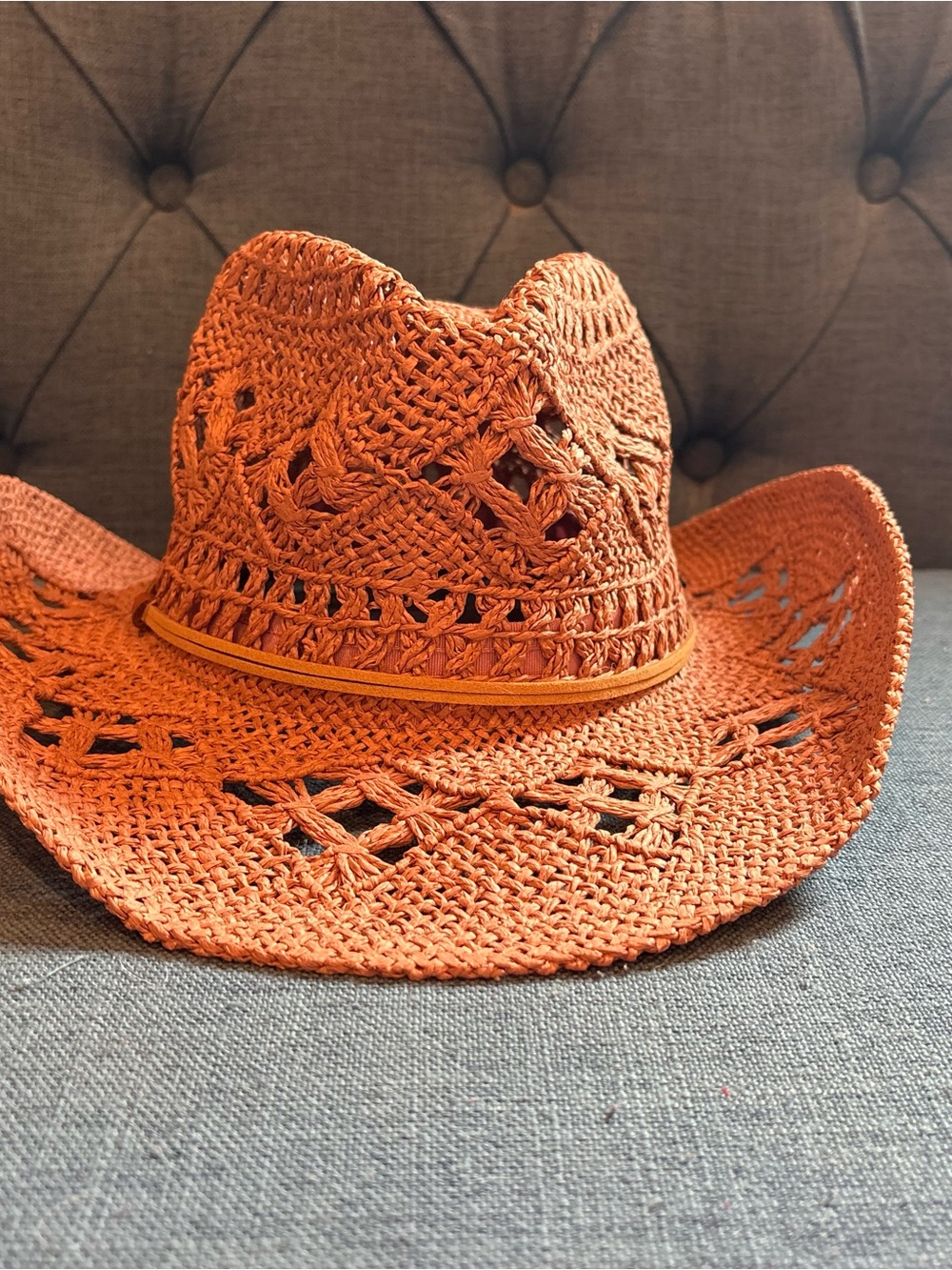 a.n.a Coral Rose colored Crochet Straw Cowboy Hat with Slim Band